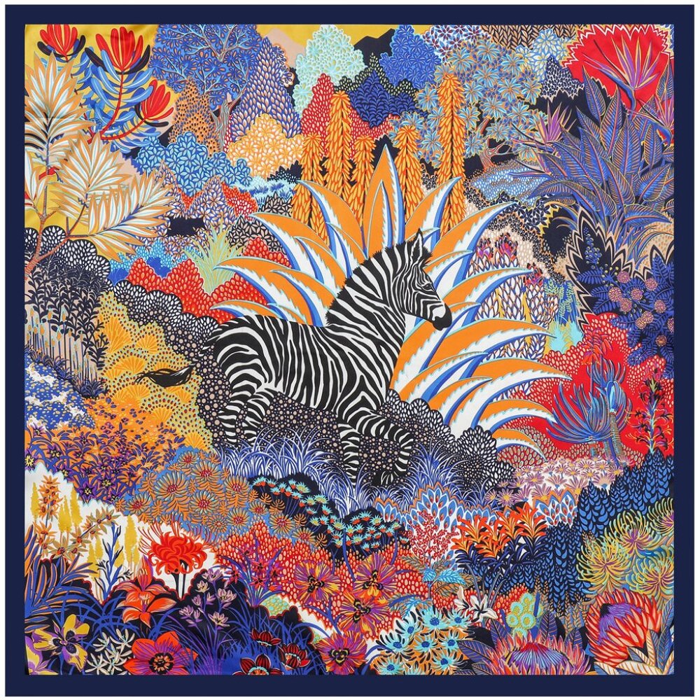 2/$30 100% Silk Scarf Zebra 90cm Vibrant Orange Blue Jungle Print Shawl Satin